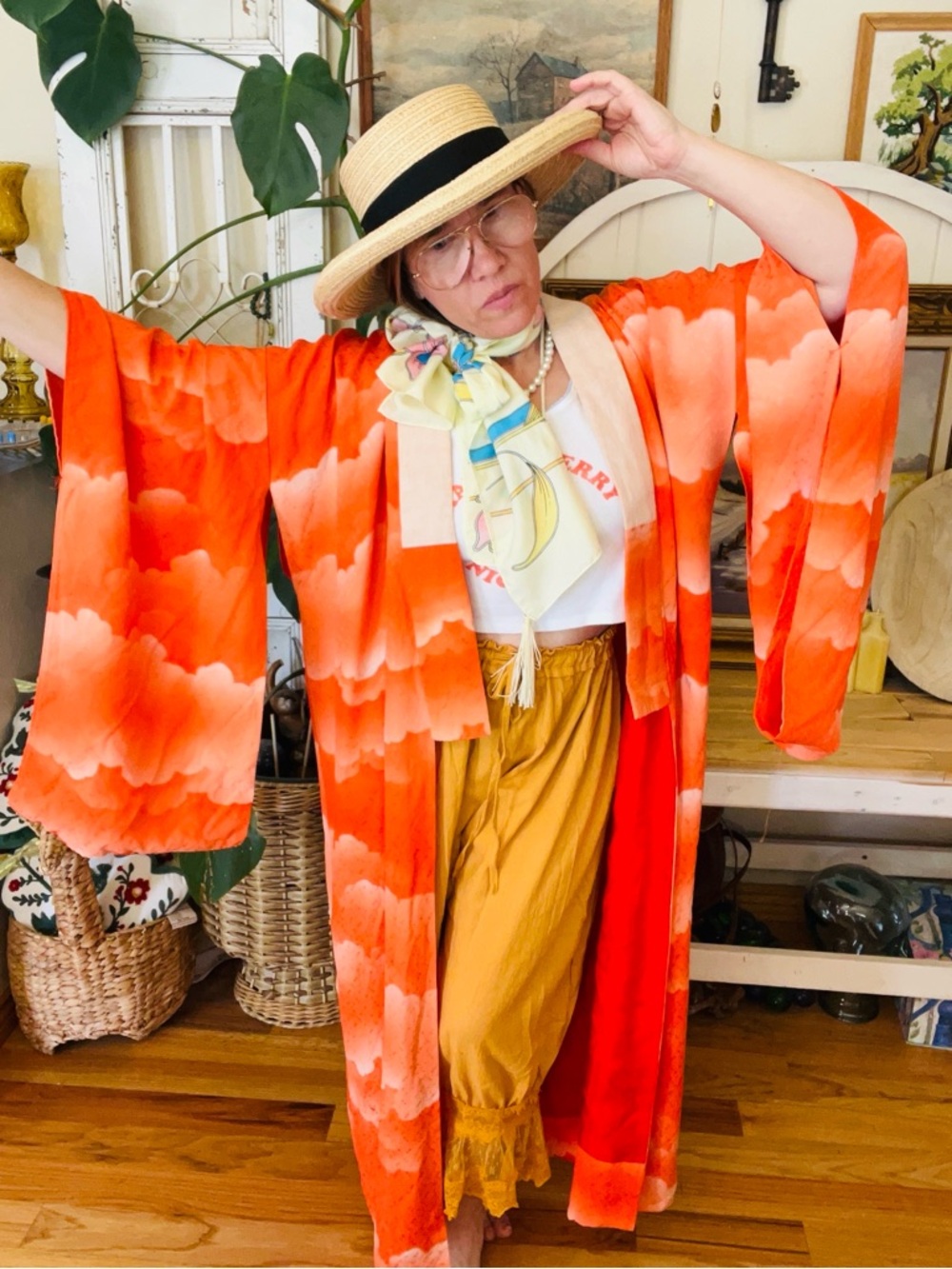 Vintage Orange And Red Abstract Clouds Whimsical Kimono Robe 1960’s 70’s